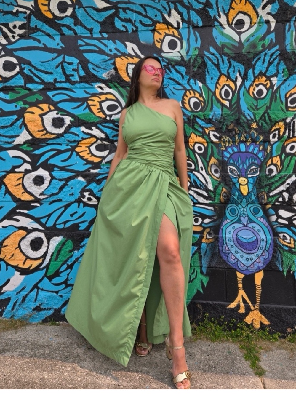 Abercrombie & Fitch One-Shoulder Green Maxi Dress with Side Slit